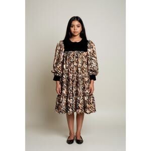 KidiChic Girls Tiger Print Tiered Dress with Black Velvet Yoke & Cuff  Size 10